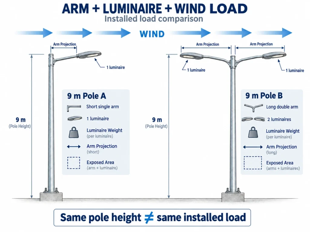 Street light pole load comparison with single arm double arm luminaires and wind exposure