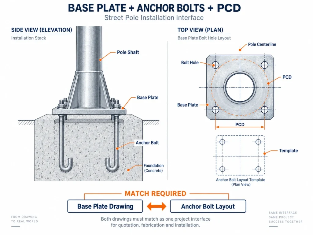 Street light pole base plate anchor bolts and PCD installation interface