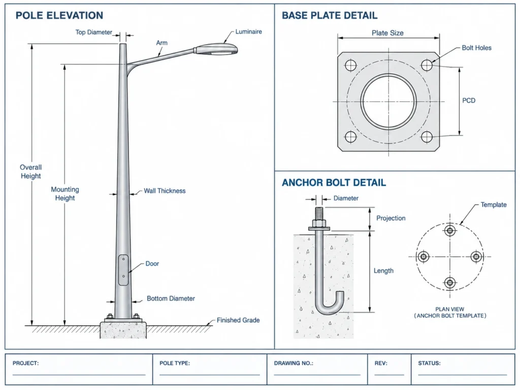 Street light pole drawing showing pole dimensions base plate PCD anchor bolts and drawing revision