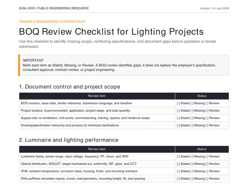 Sunlurio BOQ review checklist showing lighting project scope and technical input checks