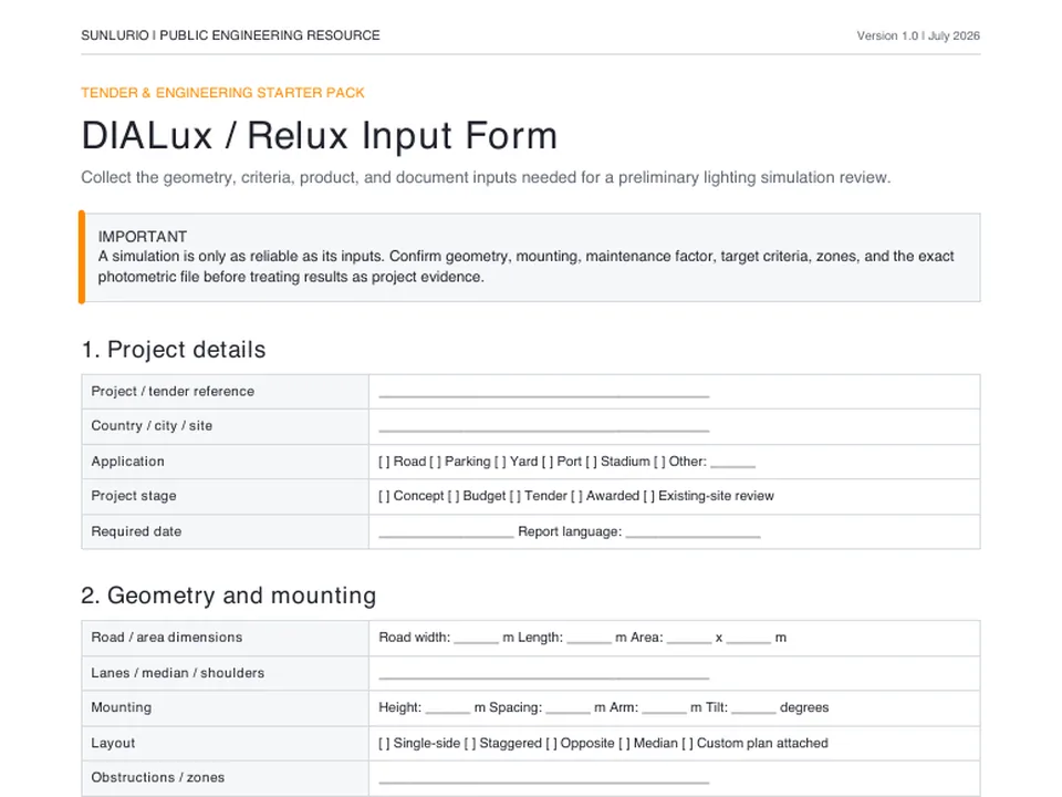 Sunlurio public DIALux and Relux input form for preliminary road lighting simulation review