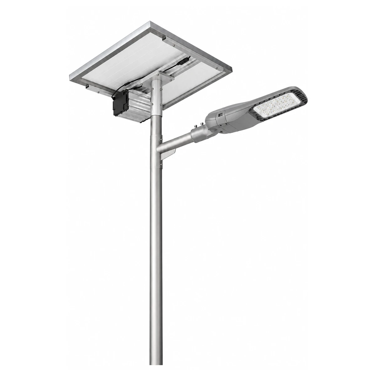 Split solar street lighting system with solar panel, battery enclosure and LED luminaire for road and municipal projects