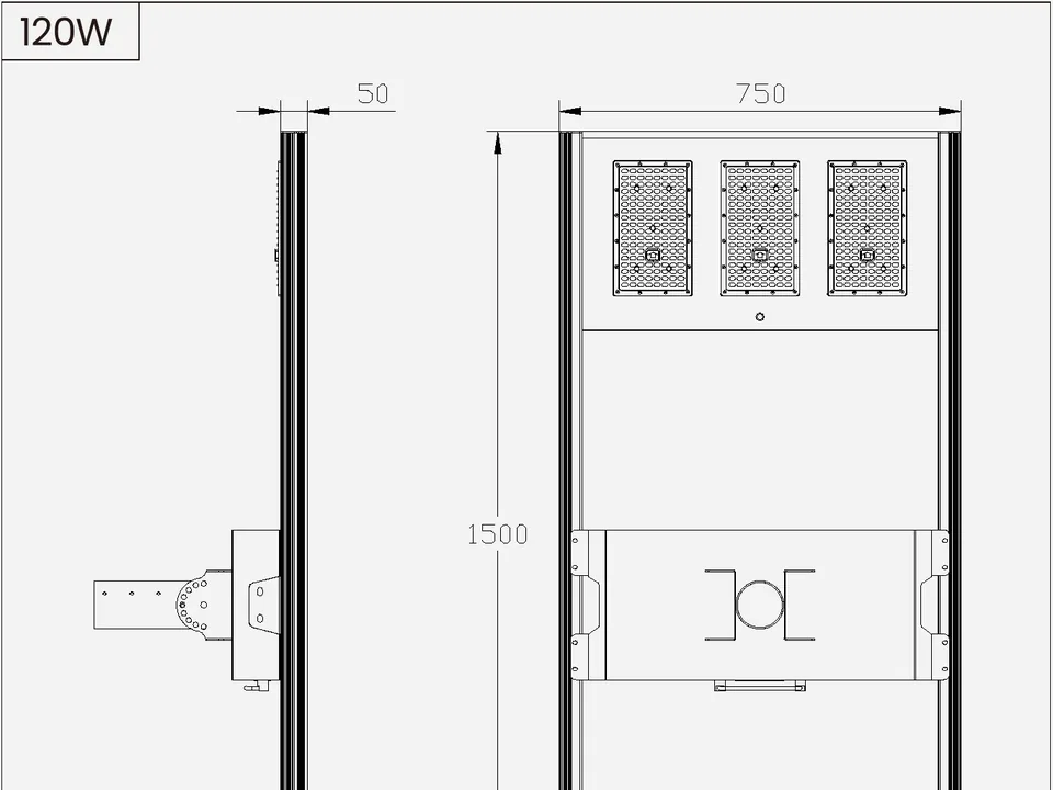 Source outline drawing detail for the S-AIO-HC 120W luminaire with dimensions