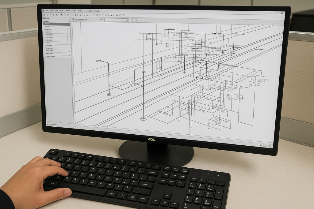 Street lighting layout plan for pole spacing and luminaire arrangement review