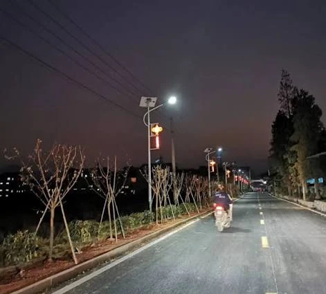 Thailand split solar street lighting project nighttime site with installed lights in operation