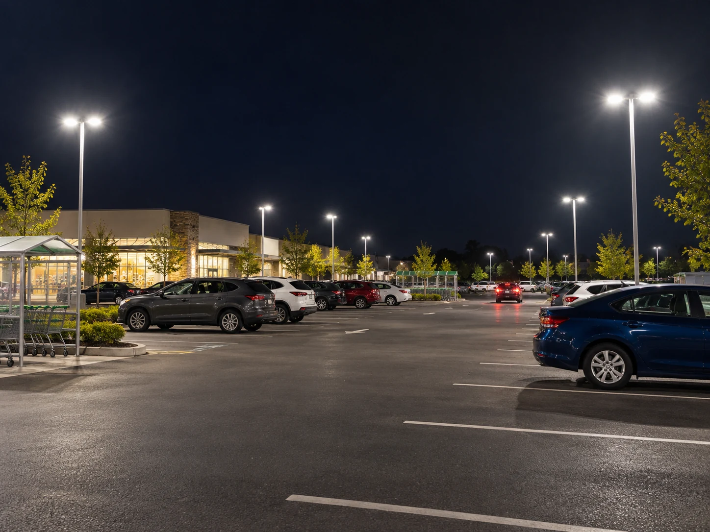 Pole-mounted LED luminaires illuminating a retail parking area at night