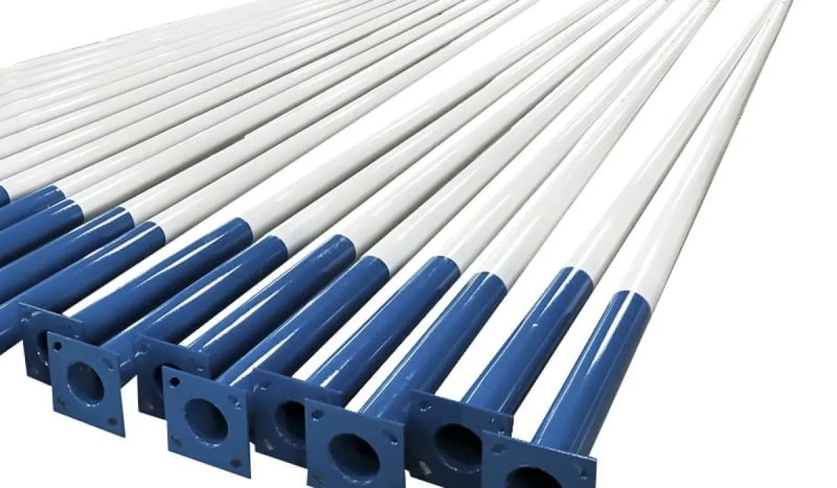 Painted aluminum light poles with color-coated base sections for outdoor lighting projects