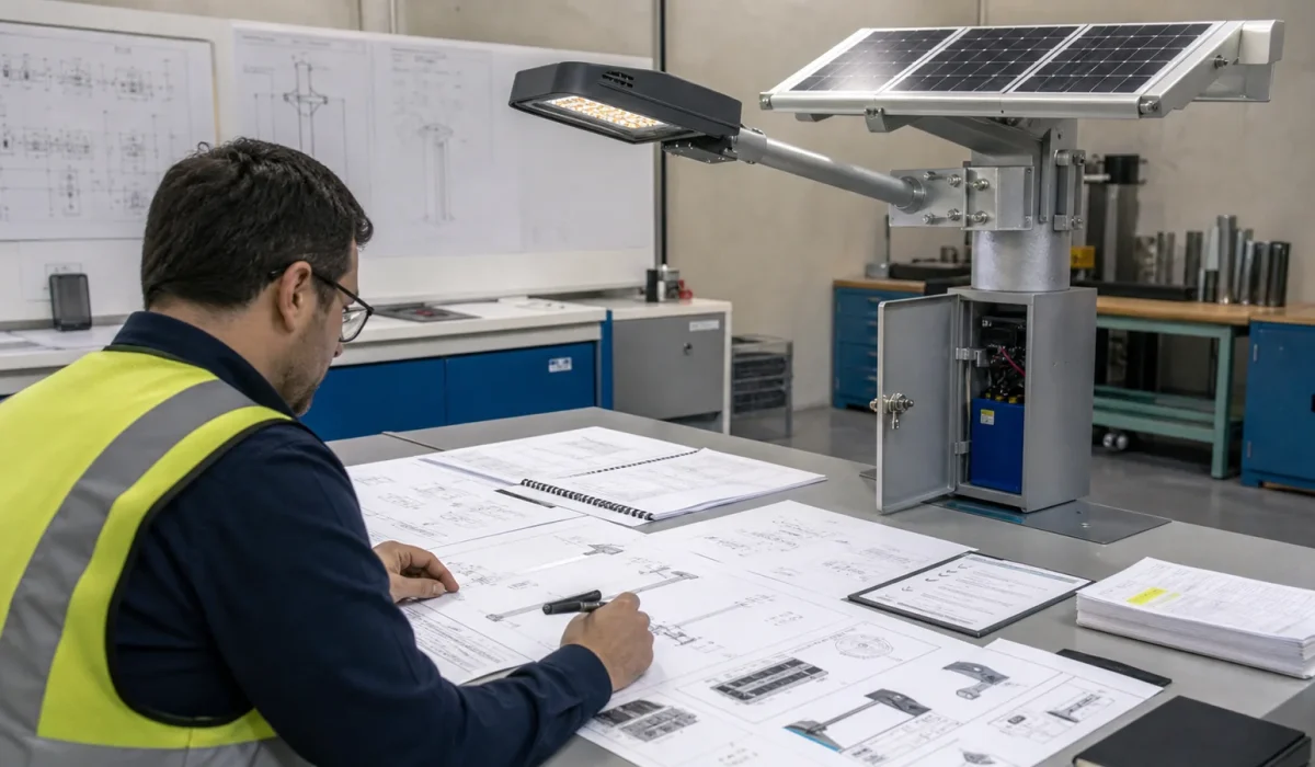 Engineer reviewing anti-theft requirements for a solar street lighting tender