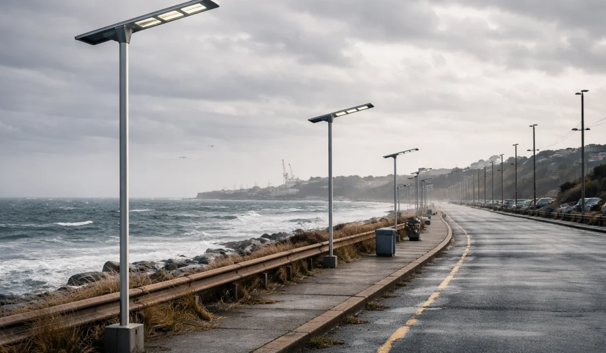 Galvanized lighting pole installed in a coastal outdoor environment