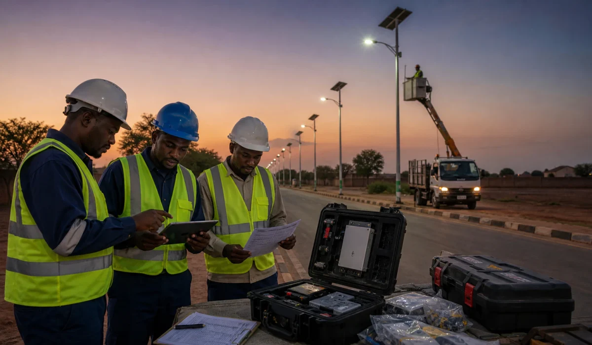 EPC team reviewing solar street light spare parts, asset records and field maintenance requirements