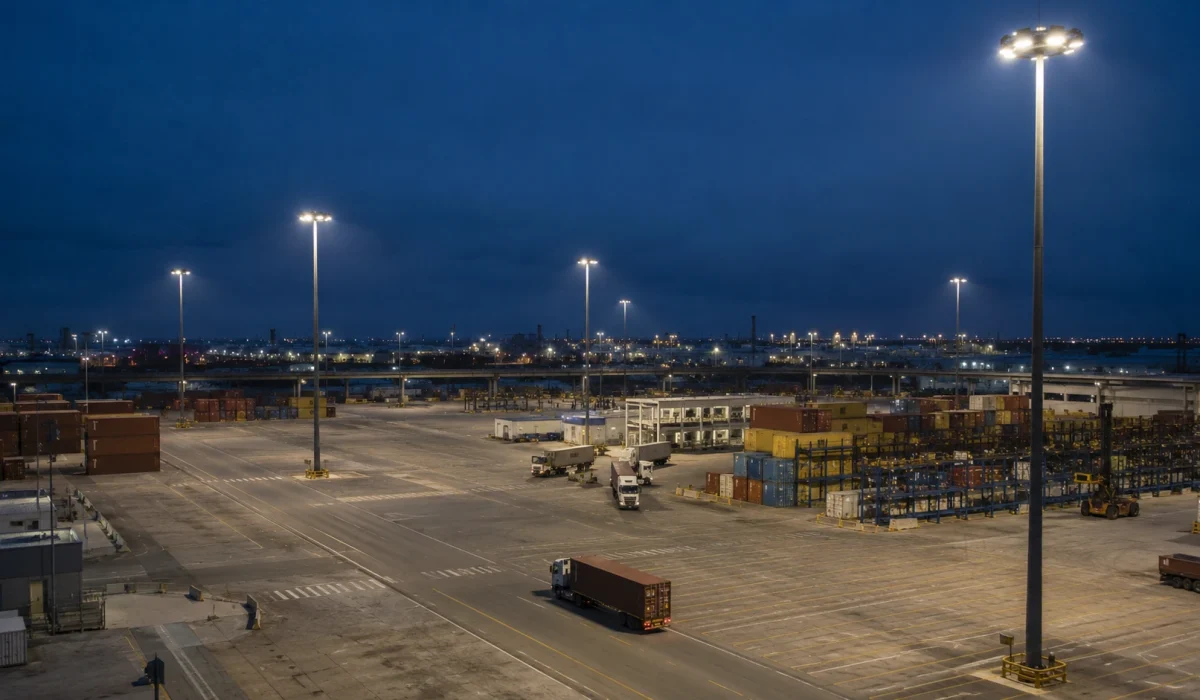 High mast lighting coverage for port yard and large industrial outdoor area