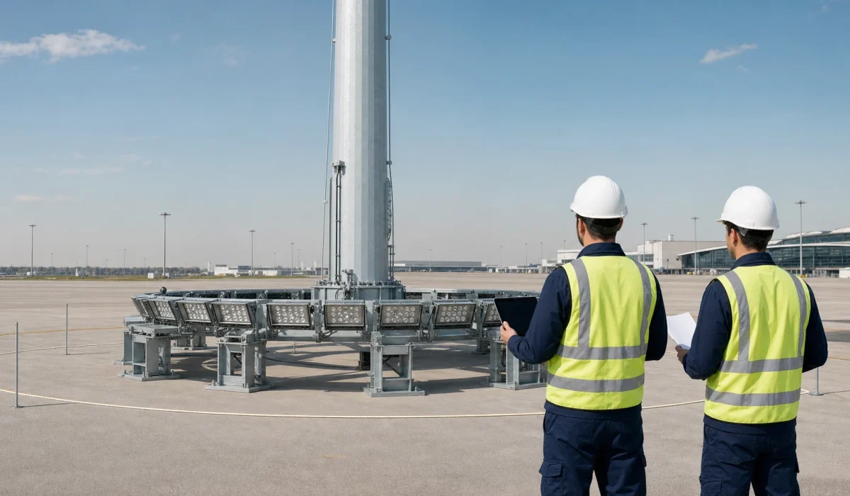 High mast lighting lowering system engineering review for winch wire rope and luminaire ring