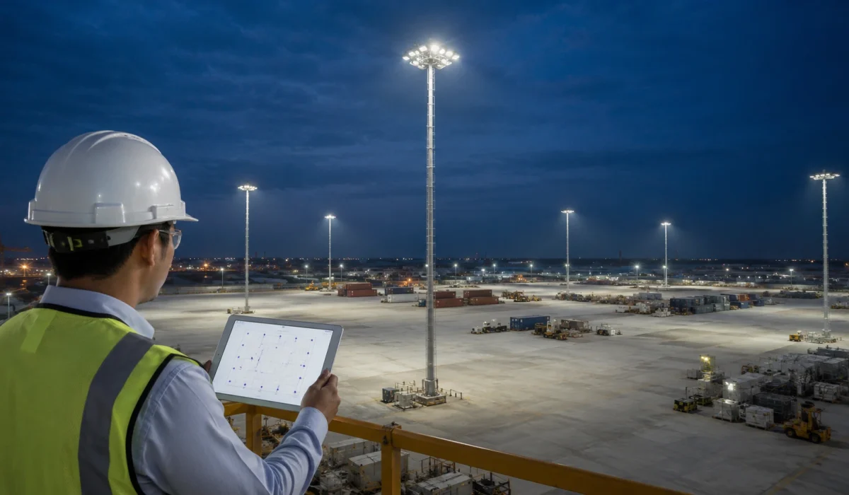 High mast pole spacing layout review for outdoor industrial lighting project