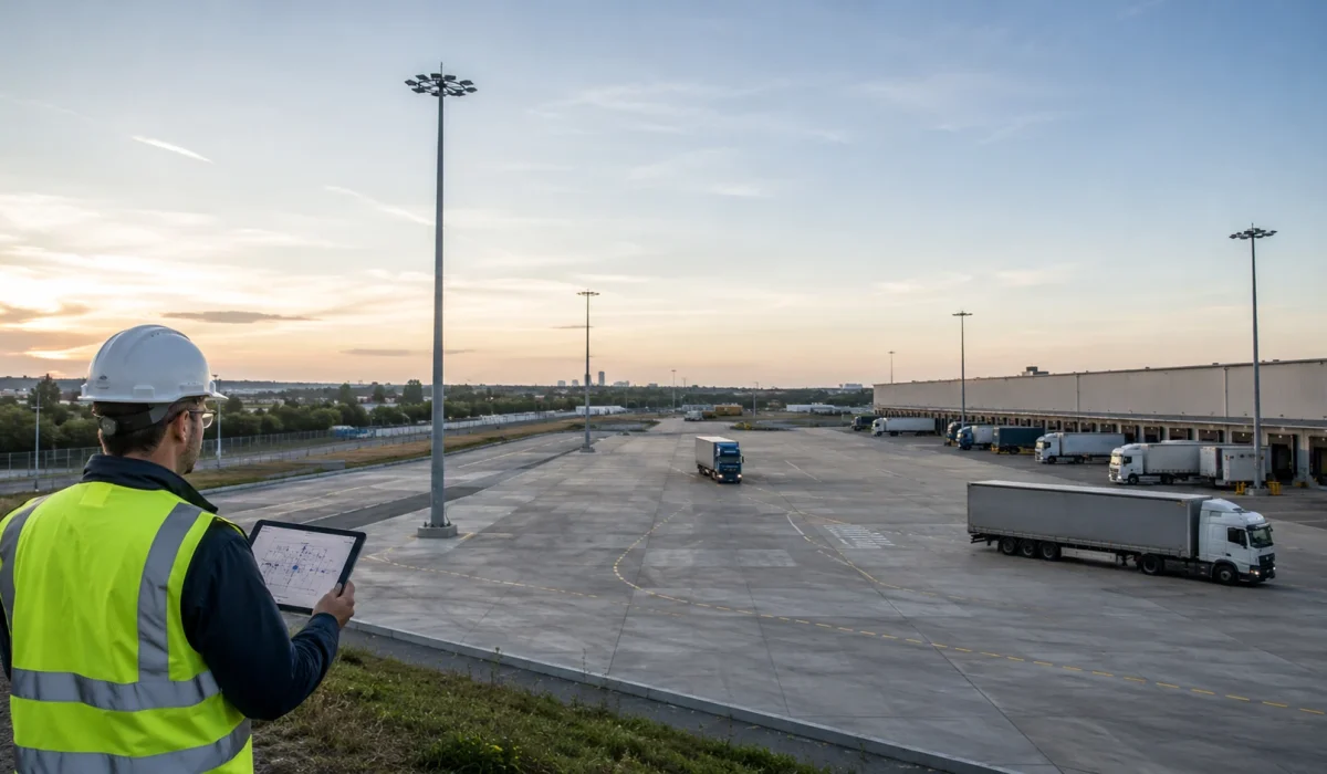 High mast lighting layout patterns and pole placement review for outdoor infrastructure project