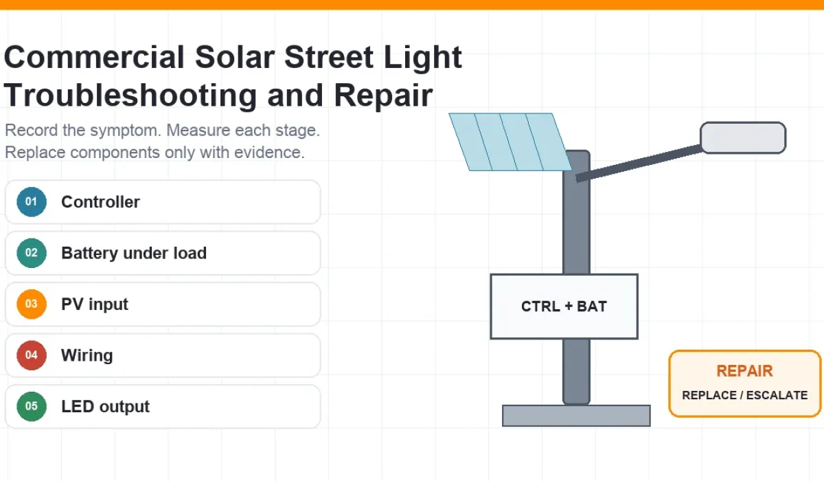 Commercial solar street light troubleshooting and repair guide for battery, controller, PV input, wiring and LED faults