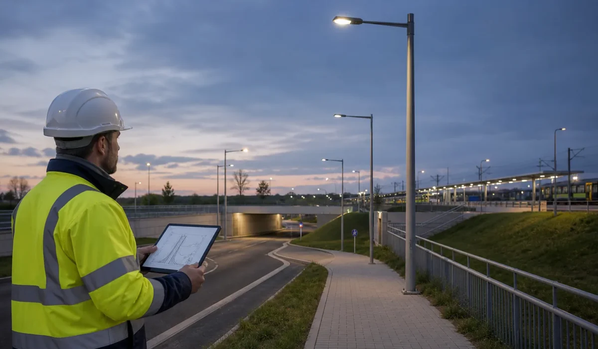 Municipal roadway lighting project reviewed for IK10 impact exposure and tender compliance