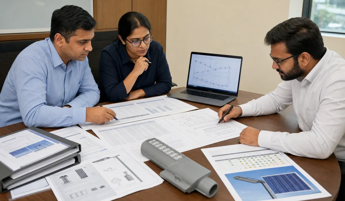EPC team reviewing IK, IP, BOQ and tender evidence for a municipal lighting project