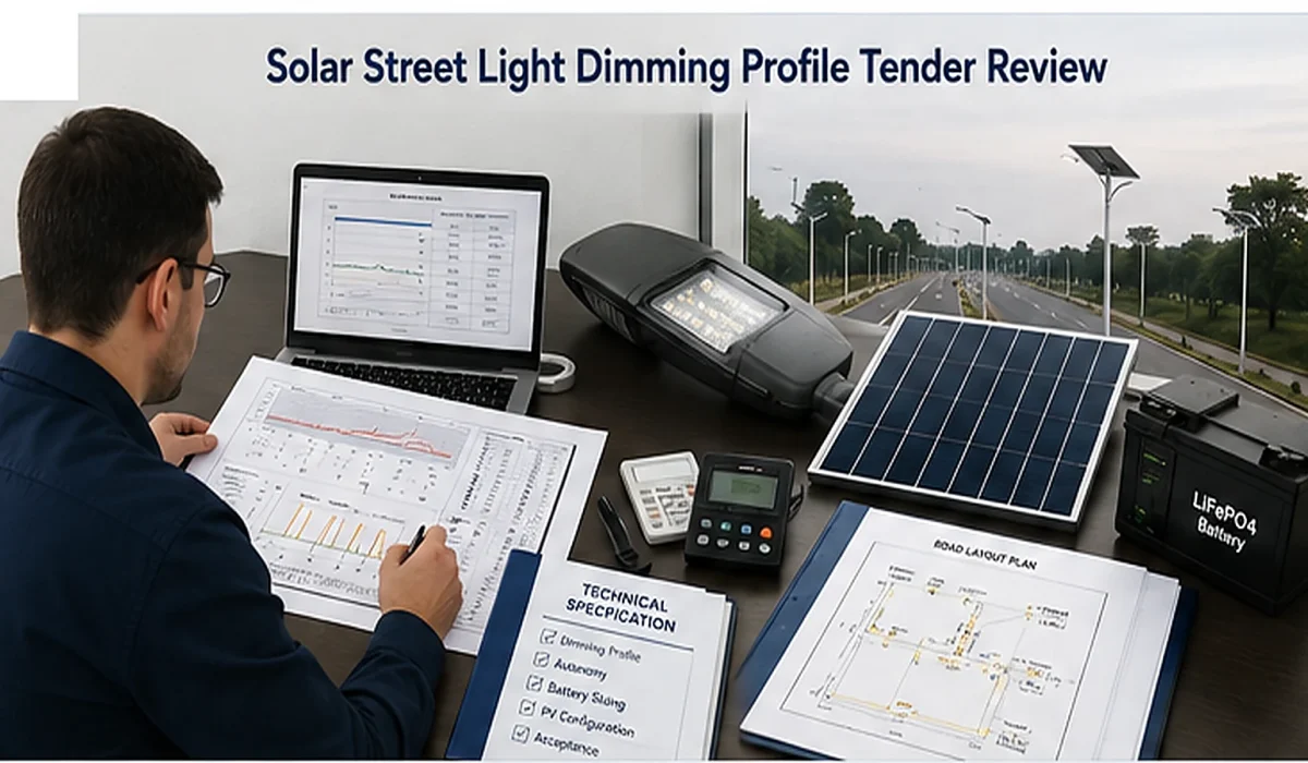 Engineer reviewing a solar street light dimming profile for tender, battery sizing and acceptance