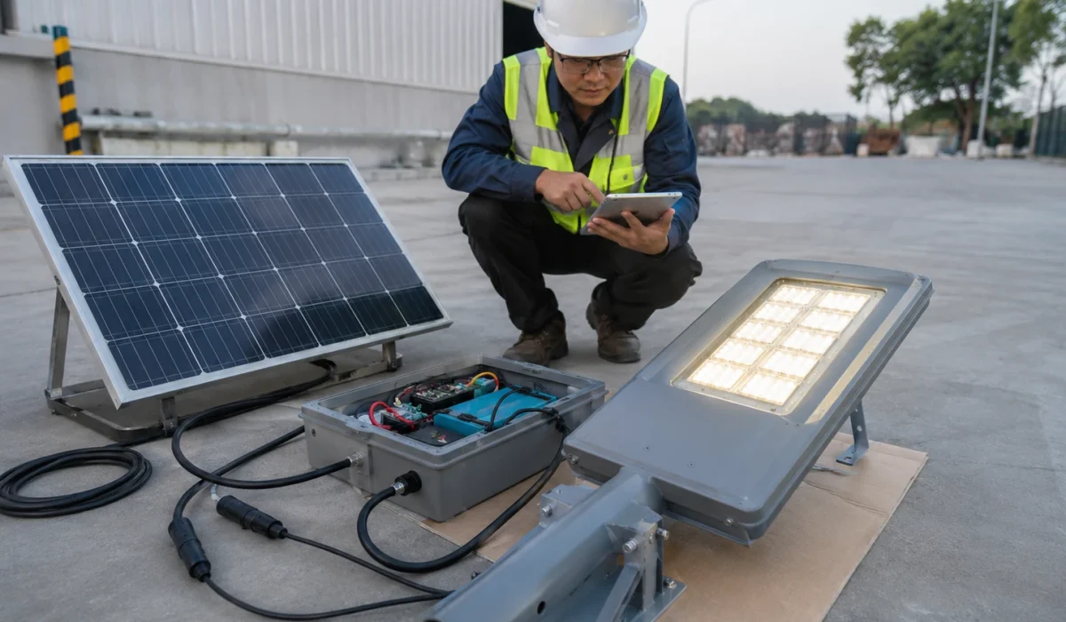 Ground-level test for solar street light before pole installation
