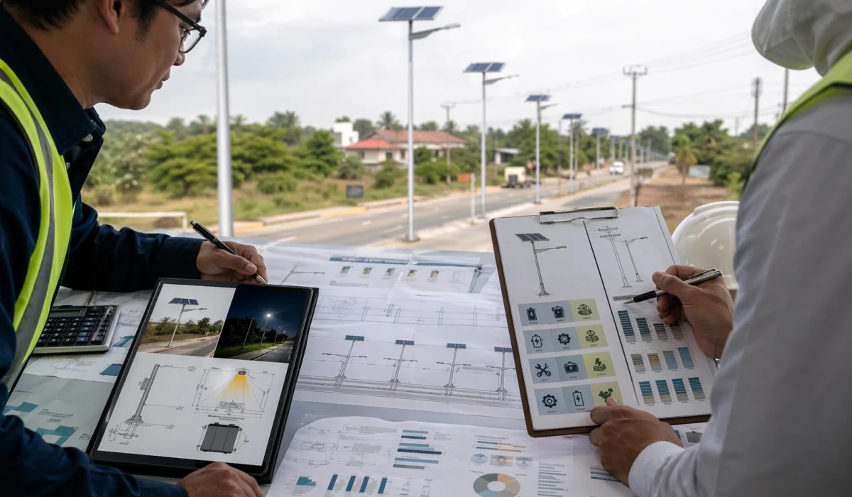 Engineer reviewing solar street light life-cycle cost evaluation documents for a road lighting project