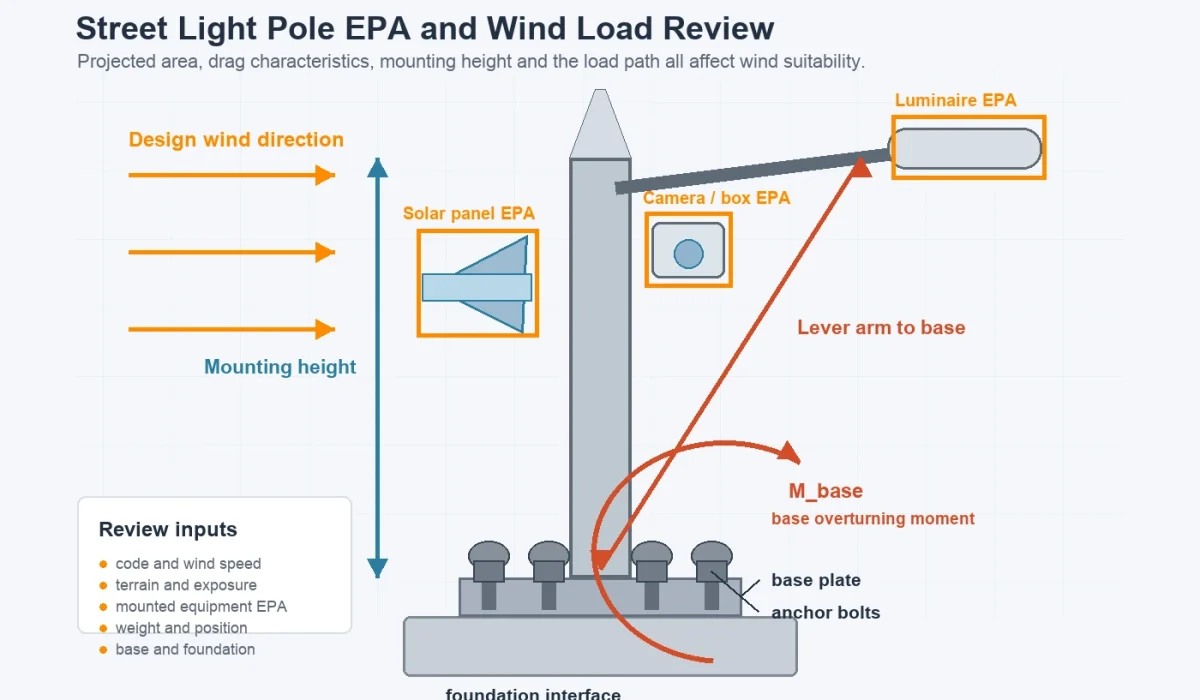 Street light pole EPA and wind load diagram showing projected areas, mounting height, wind direction, lever arm and M_base overturning moment.