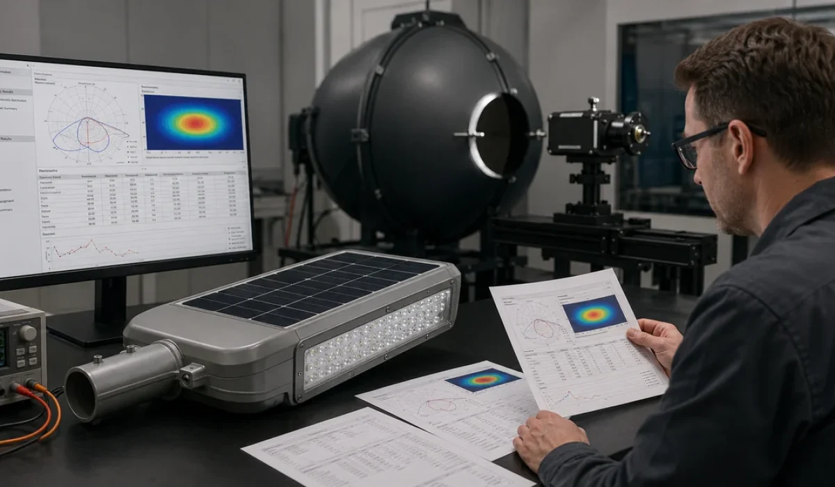 Engineer reviewing a photometric test report for a complete solar street light luminaire
